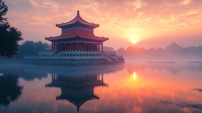 夕陽下的中式古典建筑