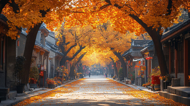 鋪滿黃葉的街道秋景