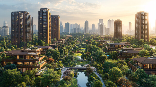 現(xiàn)代化城市道路及林立高樓鳥瞰全景