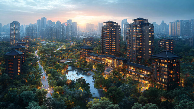 現(xiàn)代化城市道路及林立高樓鳥瞰全景