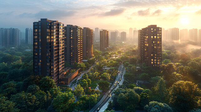 現(xiàn)代化城市道路及林立高樓鳥瞰全景