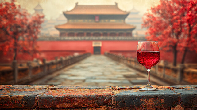 故宮石板路前景中的一杯紅酒