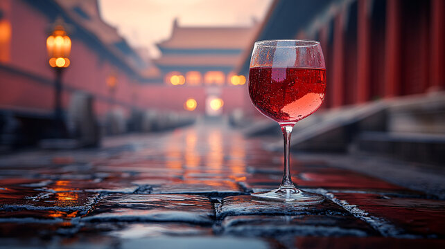 故宮石板路前景中的一杯紅酒