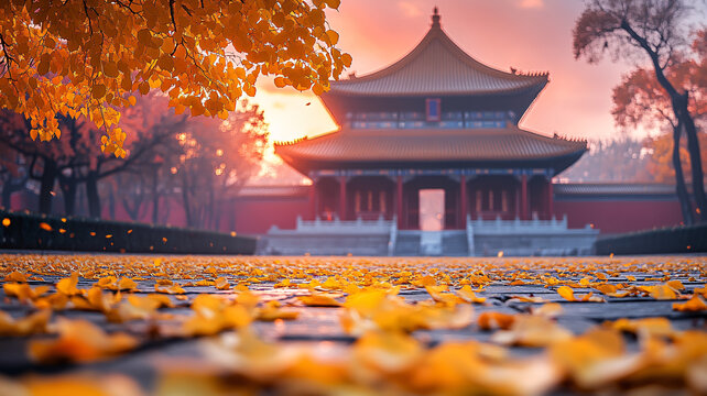 古建前鋪滿黃葉的秋景