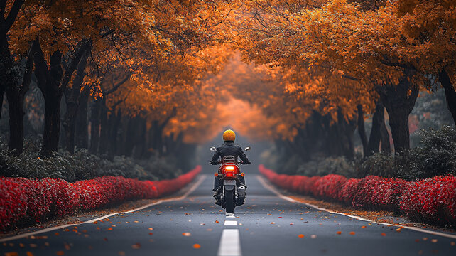 騎摩托車(chē)穿行在滿(mǎn)是黃葉的林蔭大道上