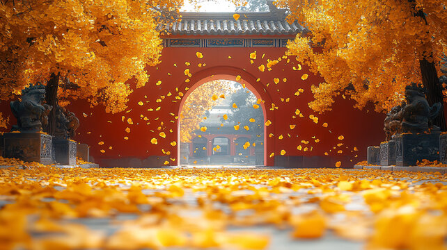 紅墻拱門內(nèi)古建筑前的銀杏落葉之景