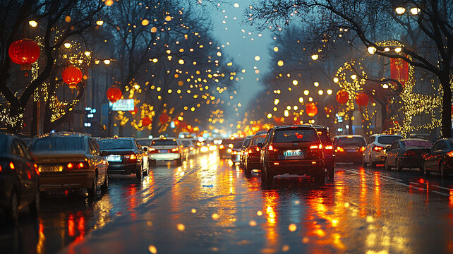 掛滿紅燈籠的街道夜景及車輛行駛景象