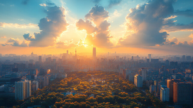 城市高樓大廈鳥(niǎo)瞰全景藍(lán)天白云相襯