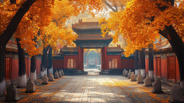 紅墻旁銀杏樹下的古雅景致