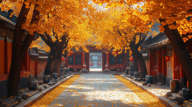 紅墻旁銀杏樹下的古雅景致