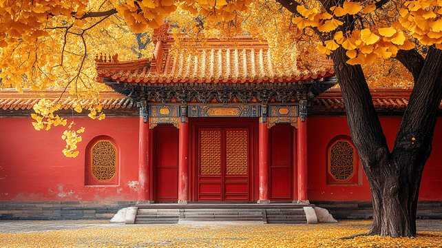 紅墻背景下的金黃銀杏枝葉特寫(xiě)