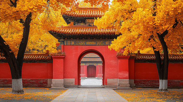 紅墻背景下的金黃銀杏枝葉特寫(xiě)