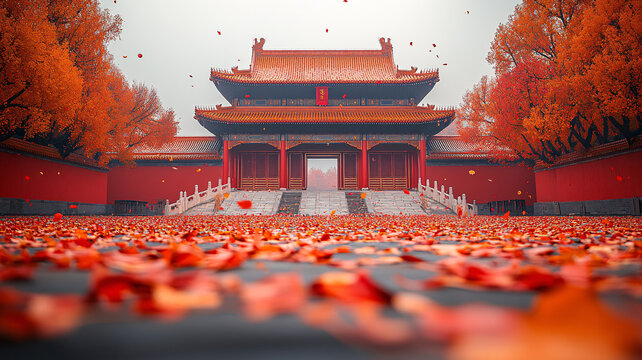 紅墻黃瓦搭配金黃銀杏的古典景致