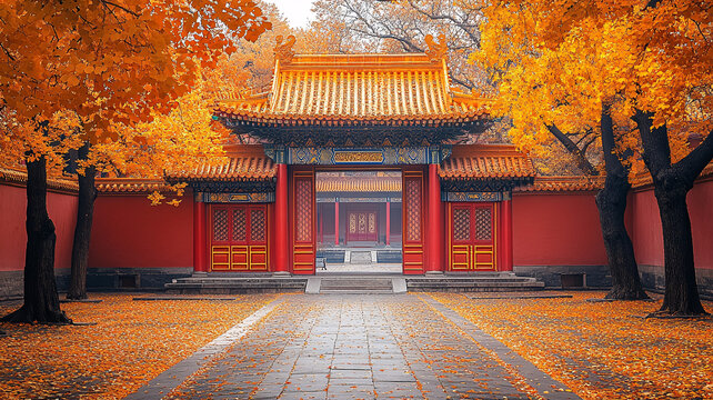 紅墻黃瓦搭配金黃銀杏的古典景致