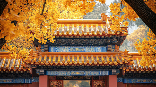 古建筑屋檐搭配金黃銀杏葉的唯美畫(huà)面
