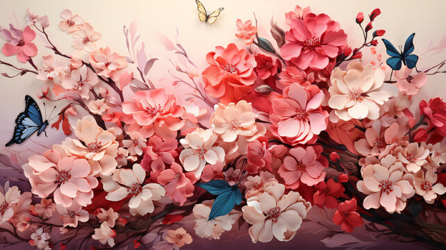 紅底繁花蝴蝶圖案