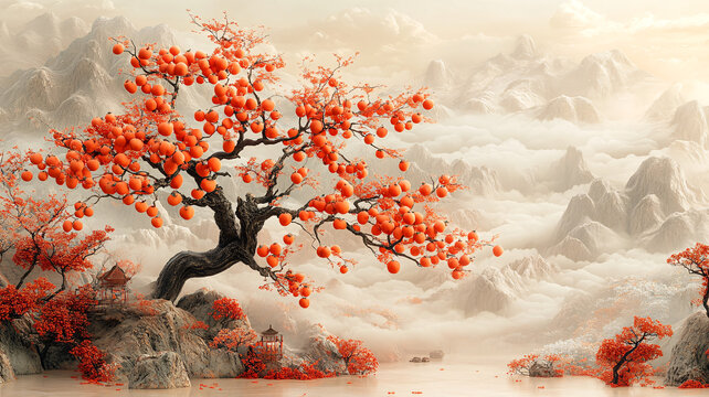 橙柿紅樹山水圖