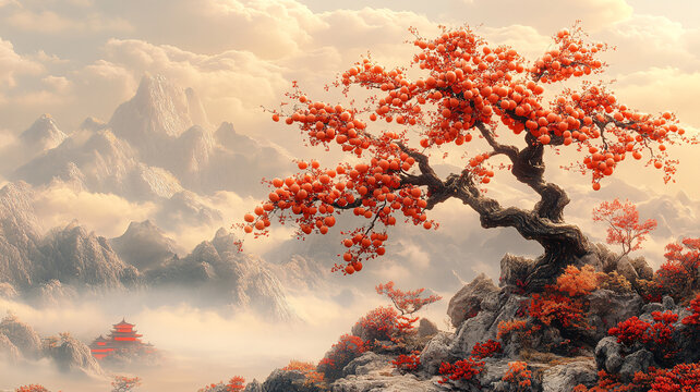 橙柿紅樹山水圖
