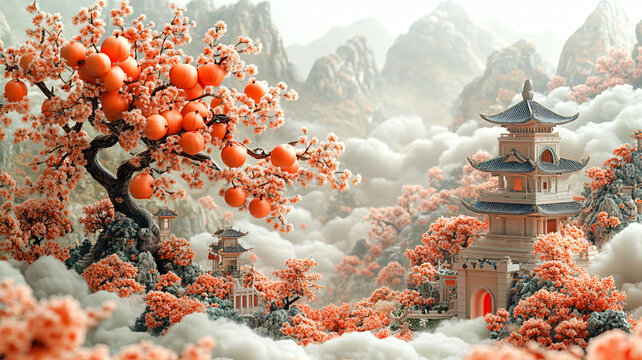 橙柿紅樹山水圖