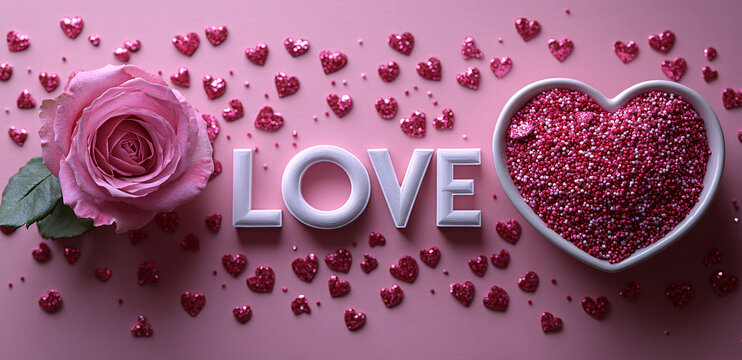 粉色背景上的LOVE文字與玫瑰