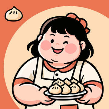 卡通餃子店大姐包包子餃子插畫