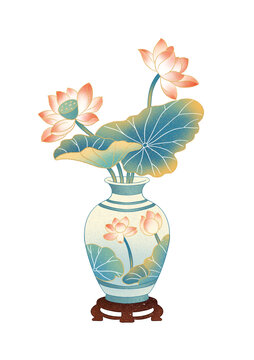 國潮荷花花瓶插畫