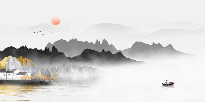 中式水墨山