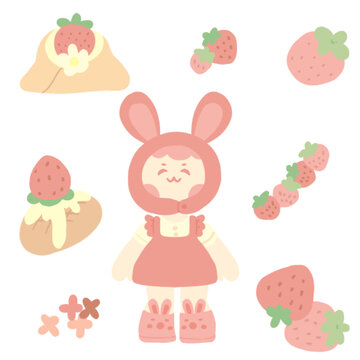 可愛草莓小兔插畫素材