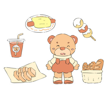 可愛小熊與美味食物插畫