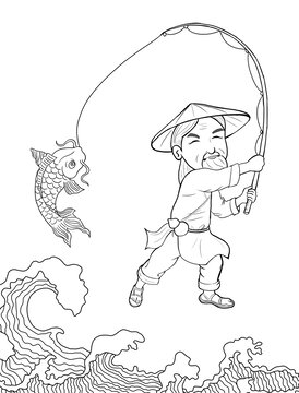 漁夫海邊垂釣得大魚