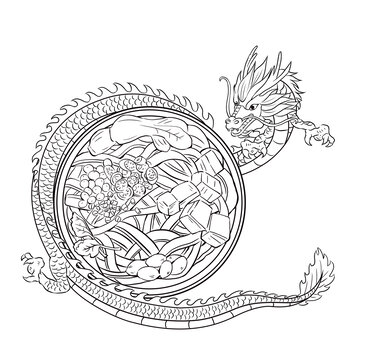 龍環(huán)繞的美食線稿圖案