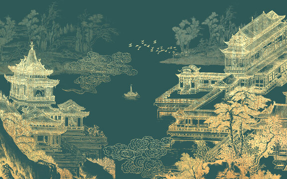 中式樓閣山水刺繡背景