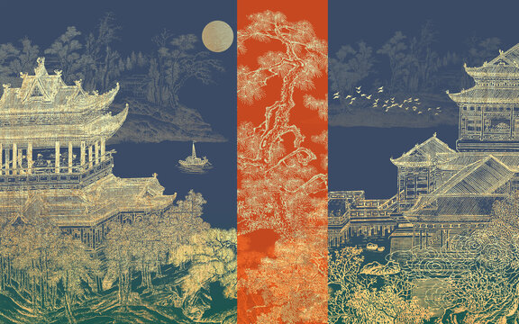 新中式刺繡山水樓閣背景墻
