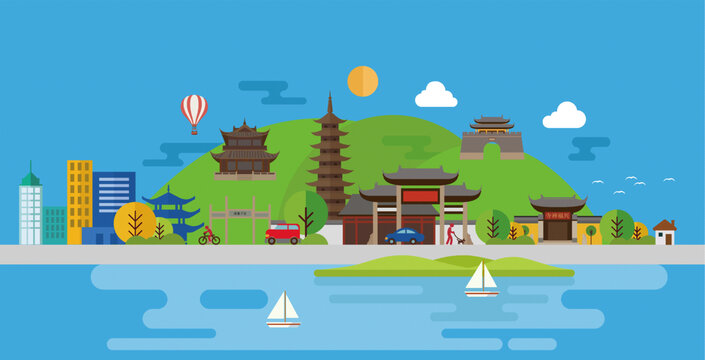 常熟虞山城市中式風景2D矢量插畫