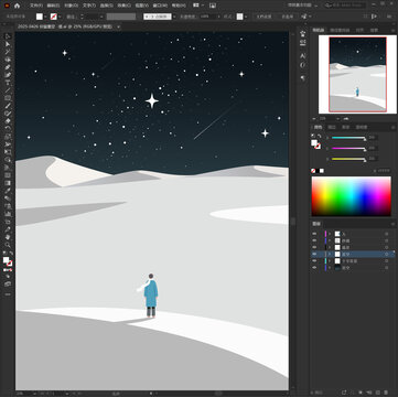 沙漠上仰望星空的人矢量插畫