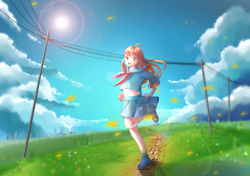 奔跑在綠野藍天間的少女