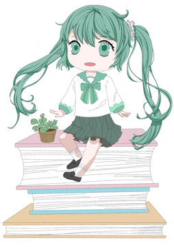 綠發(fā)萌妹坐于書本之上