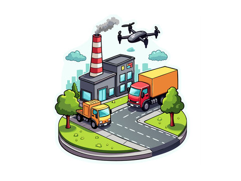 工廠外的車輛與無(wú)人機(jī)場(chǎng)景