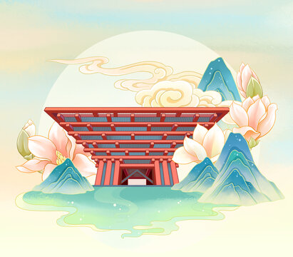 國潮上海世博園地標建筑插畫
