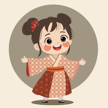復(fù)古穿古裝漢服的可愛卡通小女孩矢量圖分層