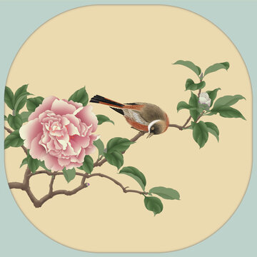 山茶小鳥工筆畫