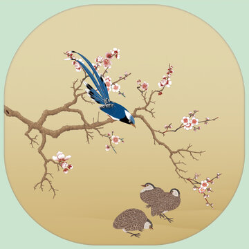 梅花藍(lán)鵲鵪鶉圖