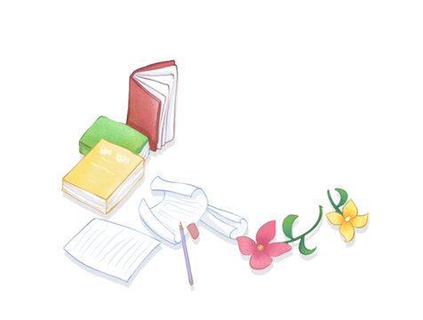 手繪書本紙筆與花卉元素