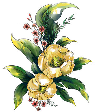 手繪黃花朵綠葉花卉插畫(huà)