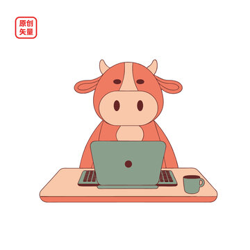 卡通牛辦公插畫矢量圖