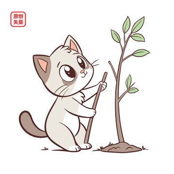 小貓?jiān)苑N小樹的可愛場景