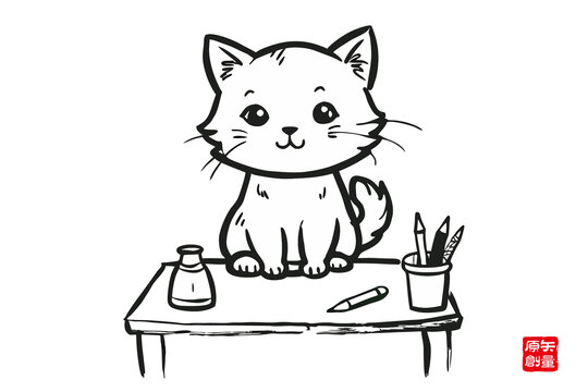 桌前可愛貓咪與文具