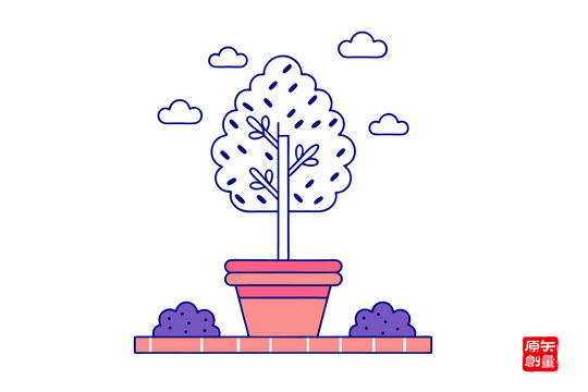 盆栽樹木簡約插畫圖案