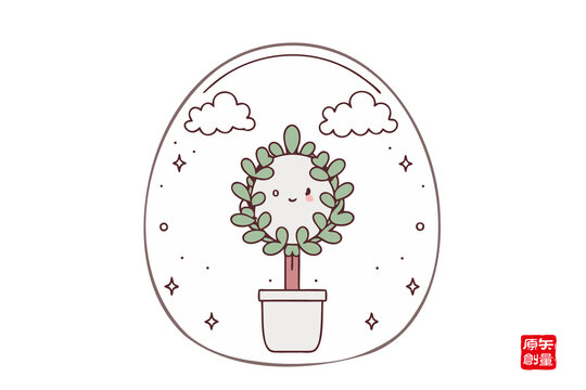 可愛卡通盆栽植物插畫