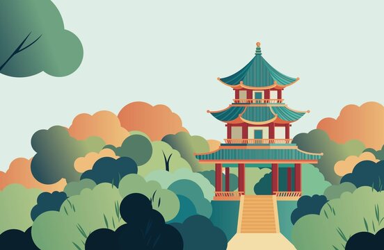 中式古典古亭與多彩樹林景致分層矢量圖
